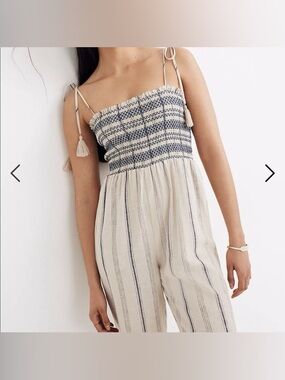 Madewell Natural and Navy Smocked Strap Jumpsuit Linen